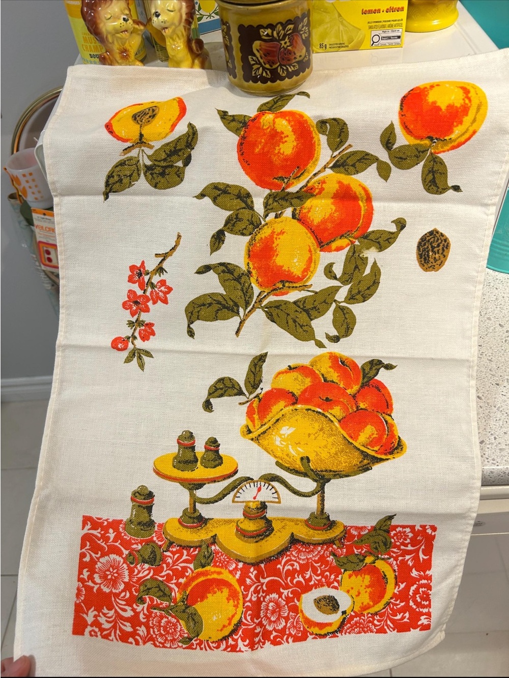 Vintage Fruit Peach Print Kitchen Towel - Orange & Yellow Peach Design